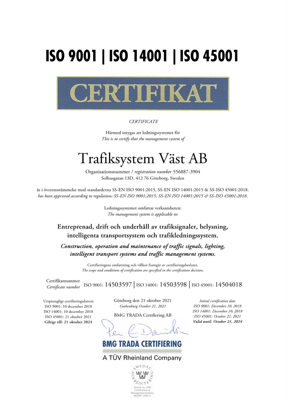 Trafiksystem Väst AB Certifikat ISO 9001, 14001 & 45001_2021